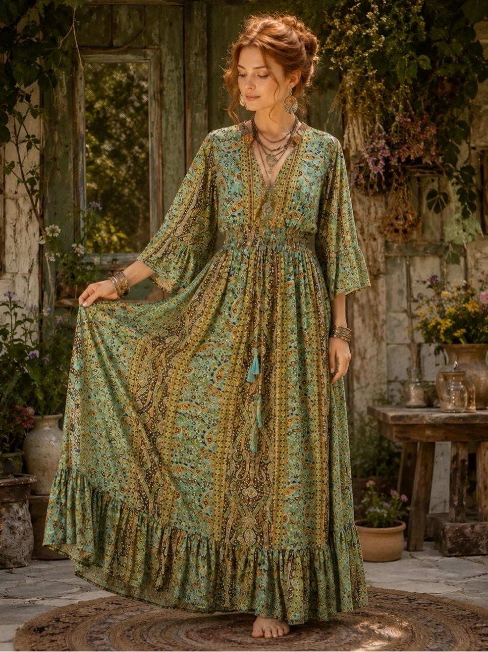Boho Retro Bell Sleeve Maxi Dress in Teal Paisley